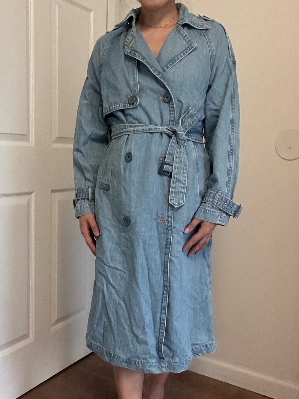 American Eagle Outfitters Light Blue Denim Trench Coat with Tie Belt